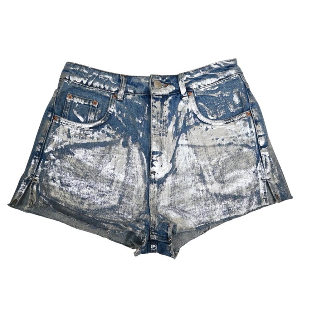 Top Shop Womens 6 Moto Metallic Denim Jean Shorts